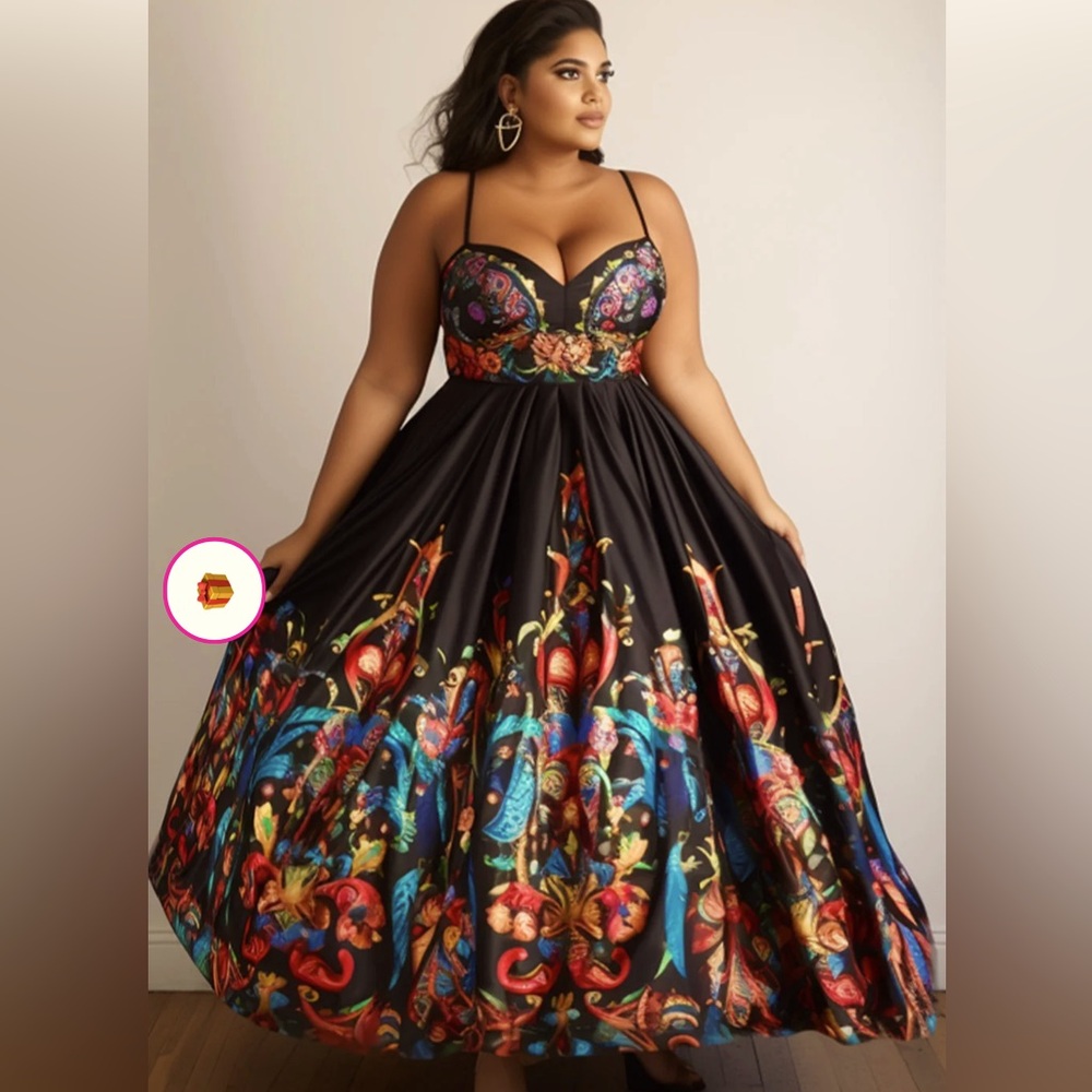 Brand New XL Semi Formal Black Tribal Organza Maxi Dress
